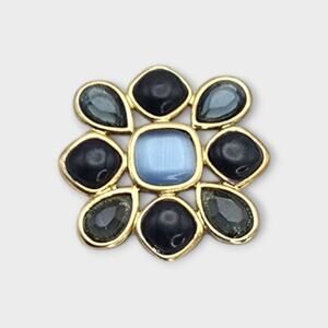 Blue Cat’s Eye Flower Brooch Gold Tone Statement Vintage Style Pin